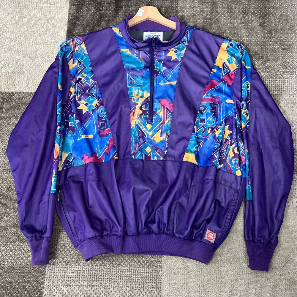 Vintage Tourney Windshirt Windstopper Gore Purple Geometric Pullover Mens XL USA